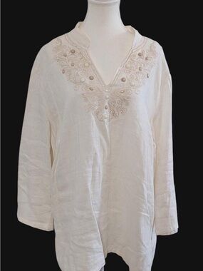JM Collection Cream Embroidered V-Neck Tunic